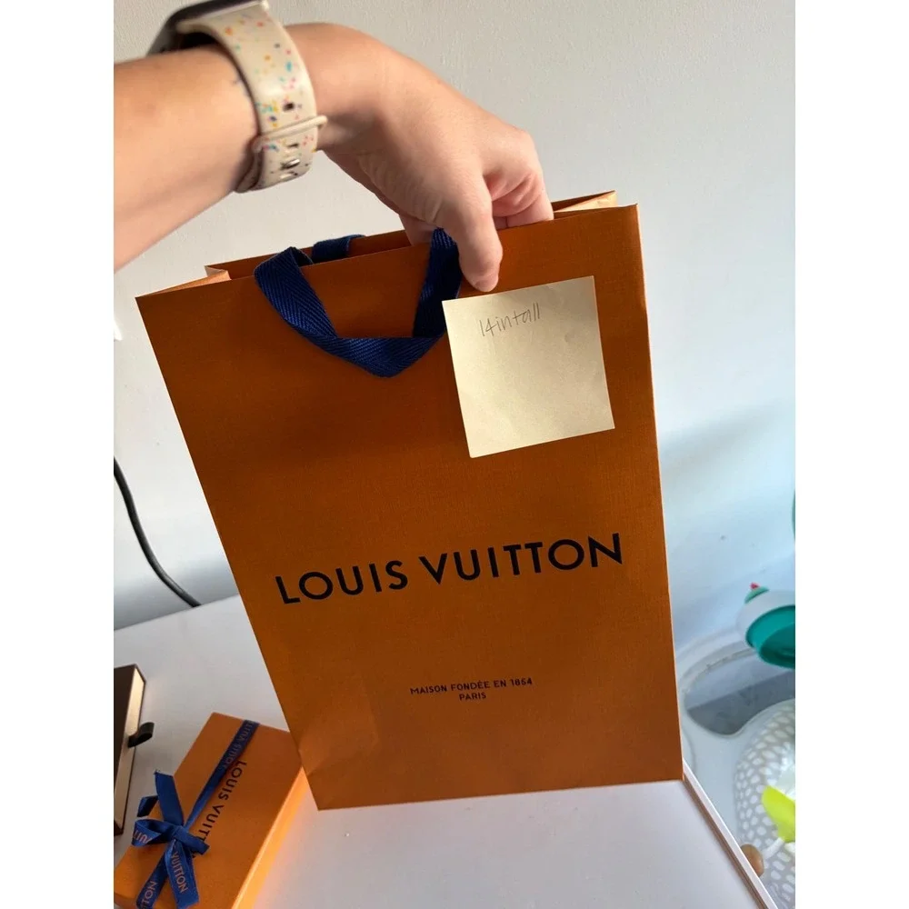 Louis Vuitton Orange Shopping Bag Blue Handles 14 Inch Tall Authentic Gift Bag